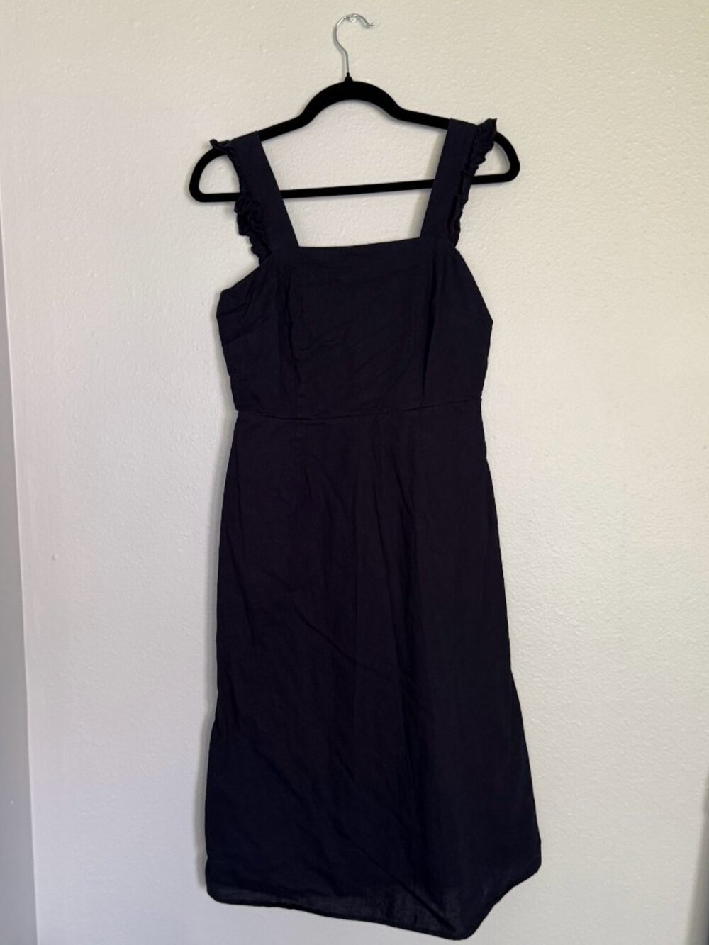 Cremieux Navy Blue Linen Cotton Blend Dress 4 PleatedRuffle Strap Midi Fit Flare